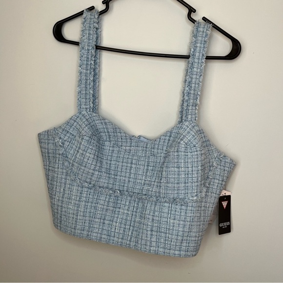 Guess Emily Sky Blue Tweed Plaid Cropped Bustier Top Size XLarge NWT - Picture 3 of 16